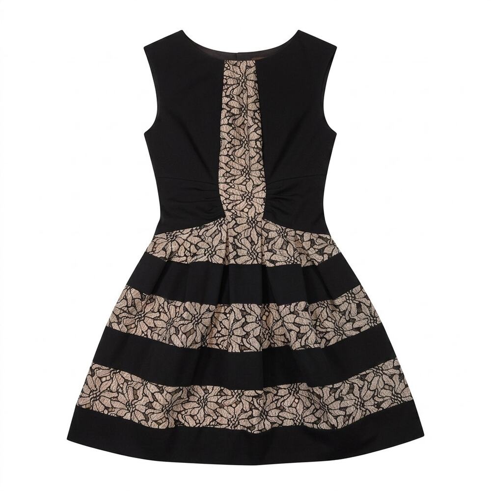Eva Franco Black Tan Floral Fit Flare Cocktail Sleeveless Dress | Size 4